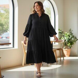 Elizabeth and James Dress Womens 4X Black 1/2 Button Balloon Sleeve Shift